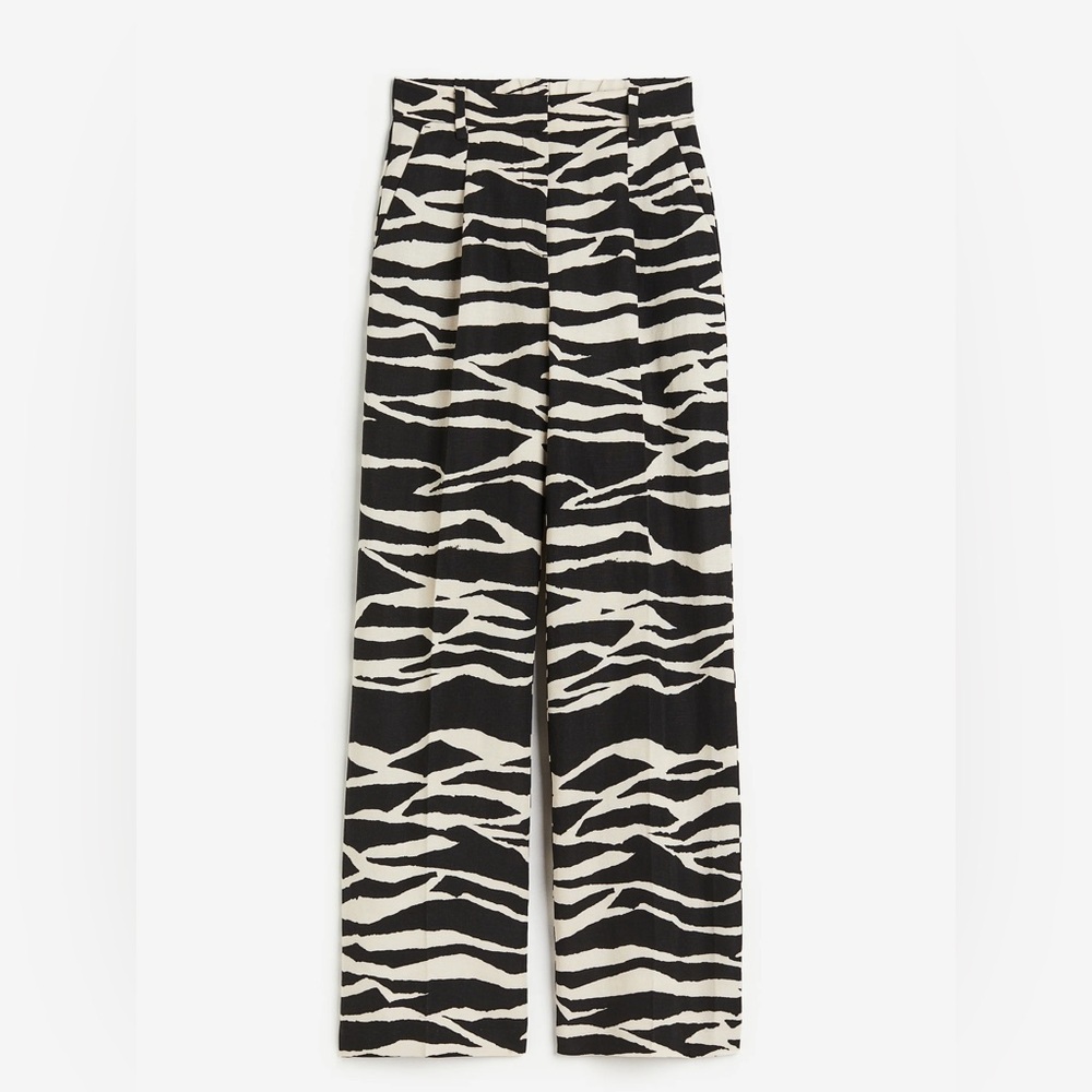 H&M Linen Blend Zebra Print Tailored Wide Leg Trousers NWT